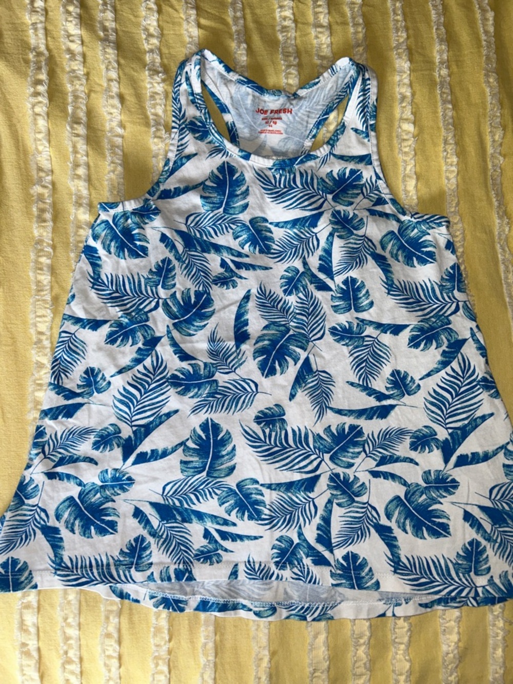 Joe Fresh Girls’ White Racerback Tank with Blue Tropical Leaf Print